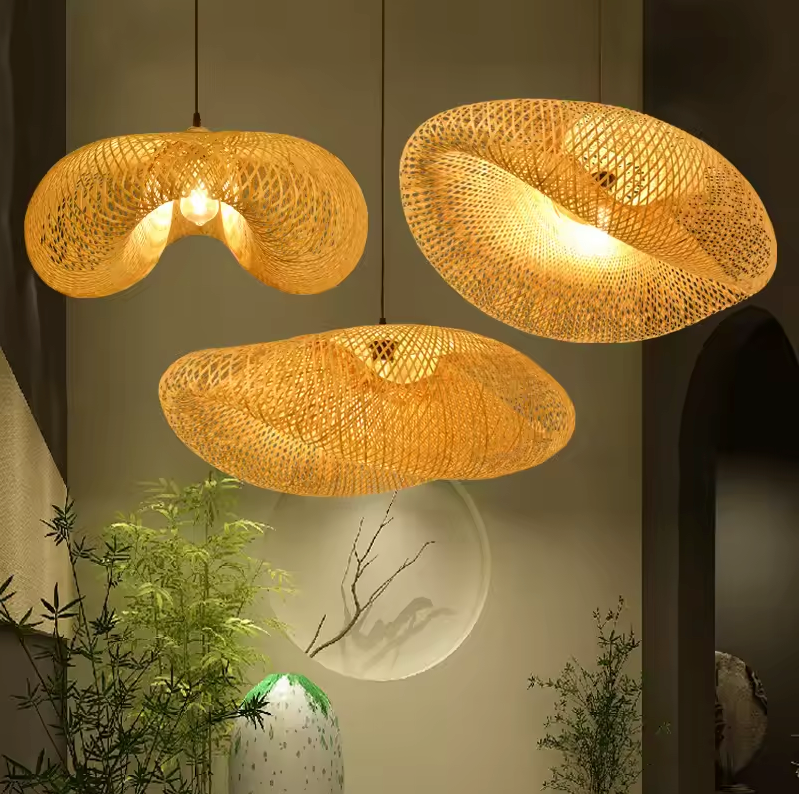 Suspensions en bambou tressées à la main, style japonais, trois lampes allumées